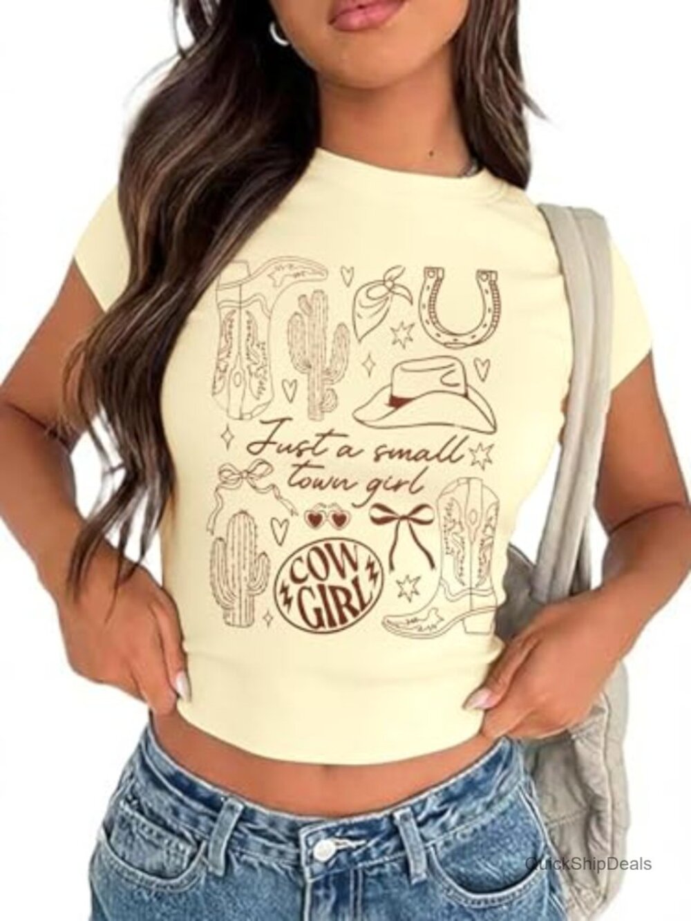 Ribbed Cotton Blend Cowgirl Crop Top Western Graphic Tee
